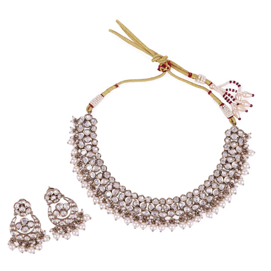 Saloni Fashion Jewellery Round Shape and Pearls Guchha Gold Plated Choker Necklace Set For Women and Girls