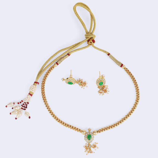 Saloni Fashion Jewellery Round Shape and Small Golden Ball Green Kundan Stone Antique Gold Plated Brass Choker Necklace Set For Women and Girls