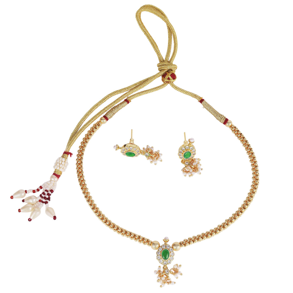 Saloni Fashion Jewellery Round Shape and Small Golden Ball Green Kundan Stone Antique Gold Plated Brass Choker Necklace Set For Women and Girls