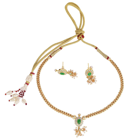 Saloni Fashion Jewellery Round Shape and Small Golden Ball Green Kundan Stone Antique Gold Plated Brass Choker Necklace Set For Women and Girls