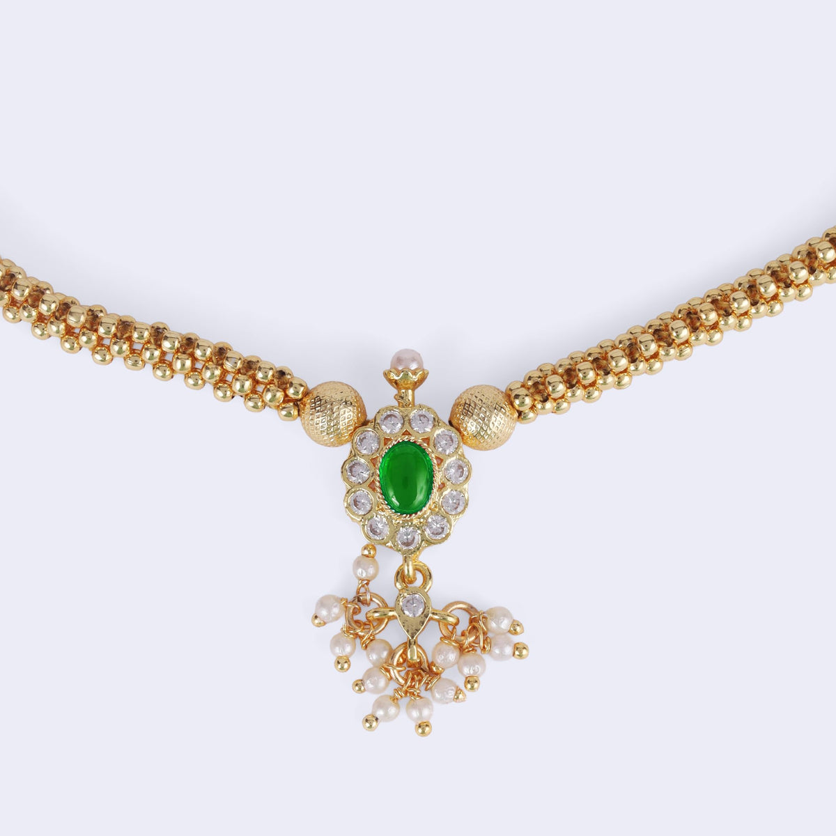 Saloni Fashion Jewellery Round Shape and Small Golden Ball Green Kundan Stone Antique Gold Plated Brass Choker Necklace Set For Women and Girls