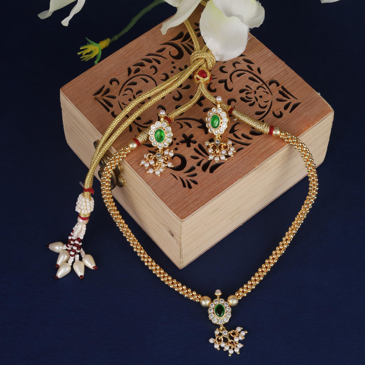 Saloni Fashion Jewellery Round Shape CZ Pearl Brass Gold Plated Set of 3 Combo Choker Necklace Set For Women and Girls