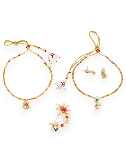 Saloni Fashion Jewellery Round Shape CZ Pearl Brass Gold Plated Set of 3 Combo Choker Necklace Set For Women and Girls