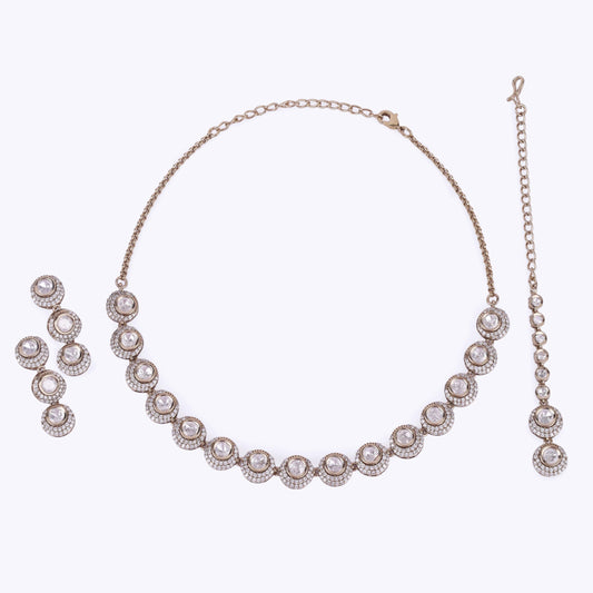 Saloni Fashion Jewellery Round Shape CZ Studded Gold Plated Choker Necklace Set With Maangikka For Women and Girls
