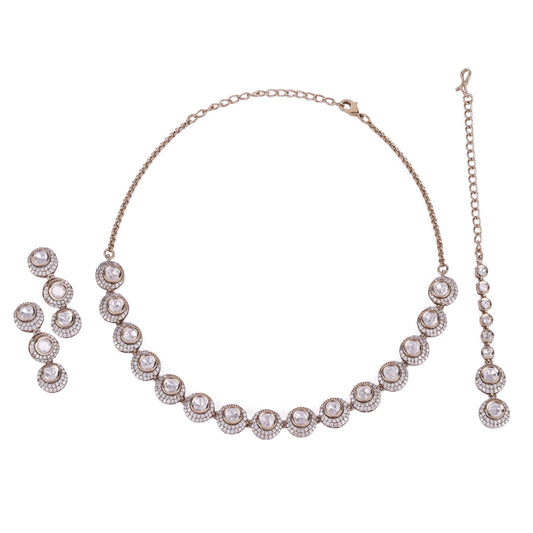 Saloni Fashion Jewellery Round Shape CZ Studded Gold Plated Choker Necklace Set With Maangikka For Women and Girls