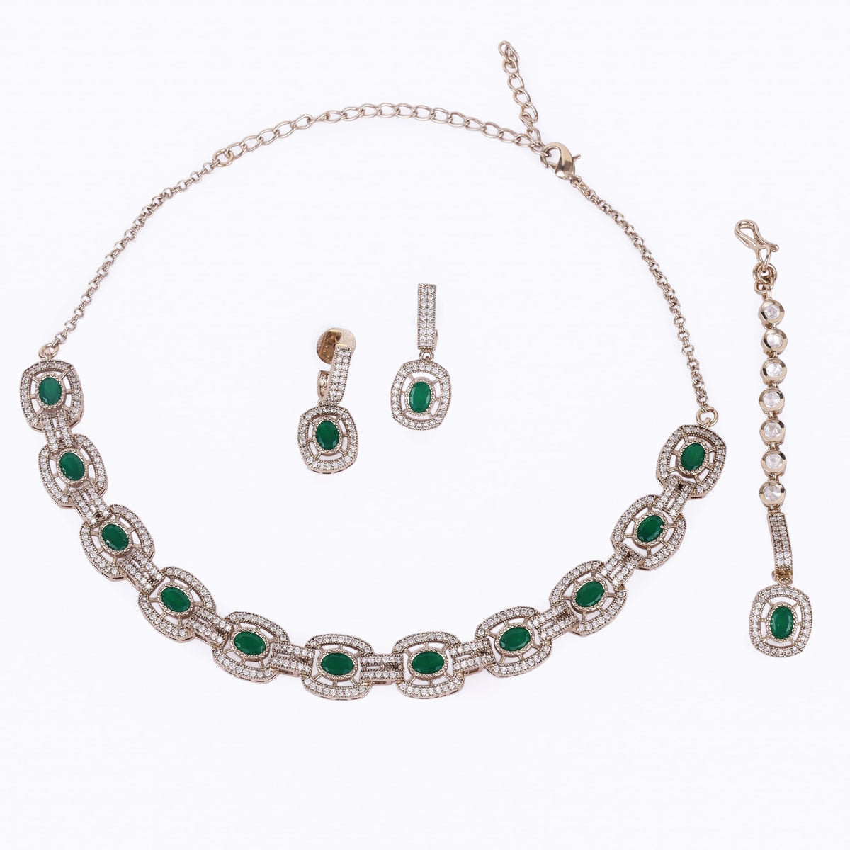 Saloni Fashion Jewellery Round Shape CZ Studded Gold Plated Green Stone Choker Necklace Set With Maangikka For Women and Girls