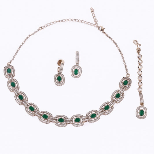 Saloni Fashion Jewellery Round Shape CZ Studded Gold Plated Green Stone Choker Necklace Set With Maangikka For Women and Girls