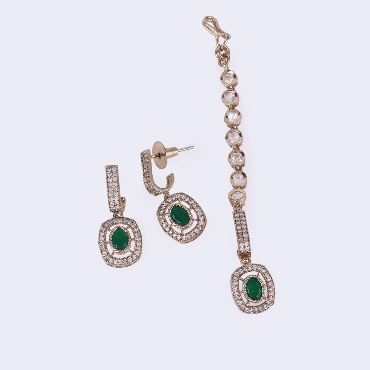 Saloni Fashion Jewellery Round Shape CZ Studded Gold Plated Green Stone Choker Necklace Set With Maangikka For Women and Girls - view 2