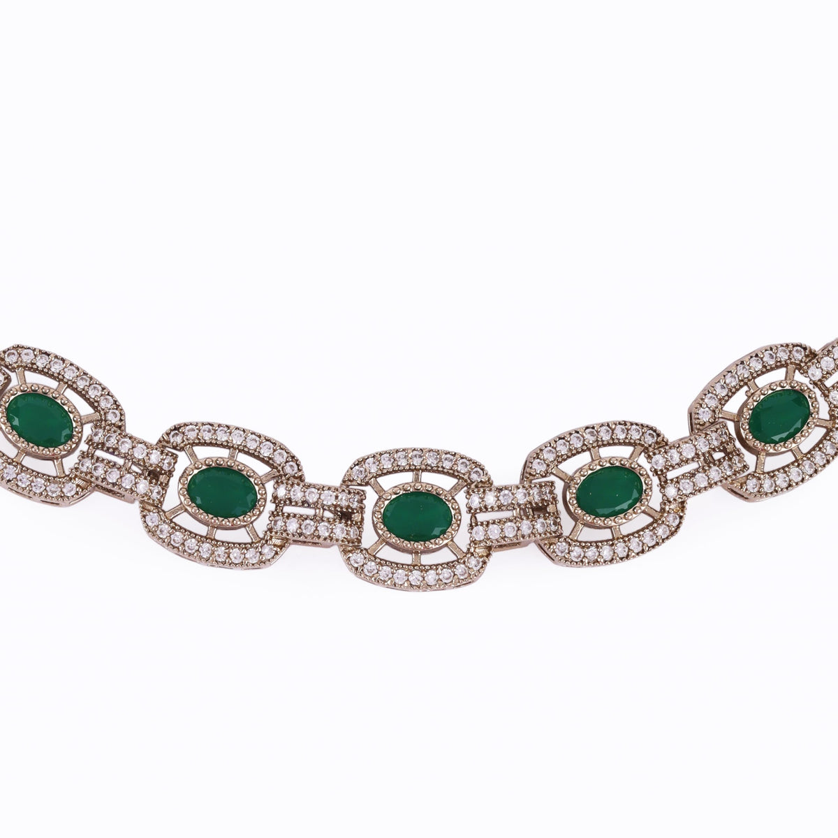 Saloni Fashion Jewellery Round Shape CZ Studded Gold Plated Green Stone Choker Necklace Set With Maangikka For Women and Girls - view 4