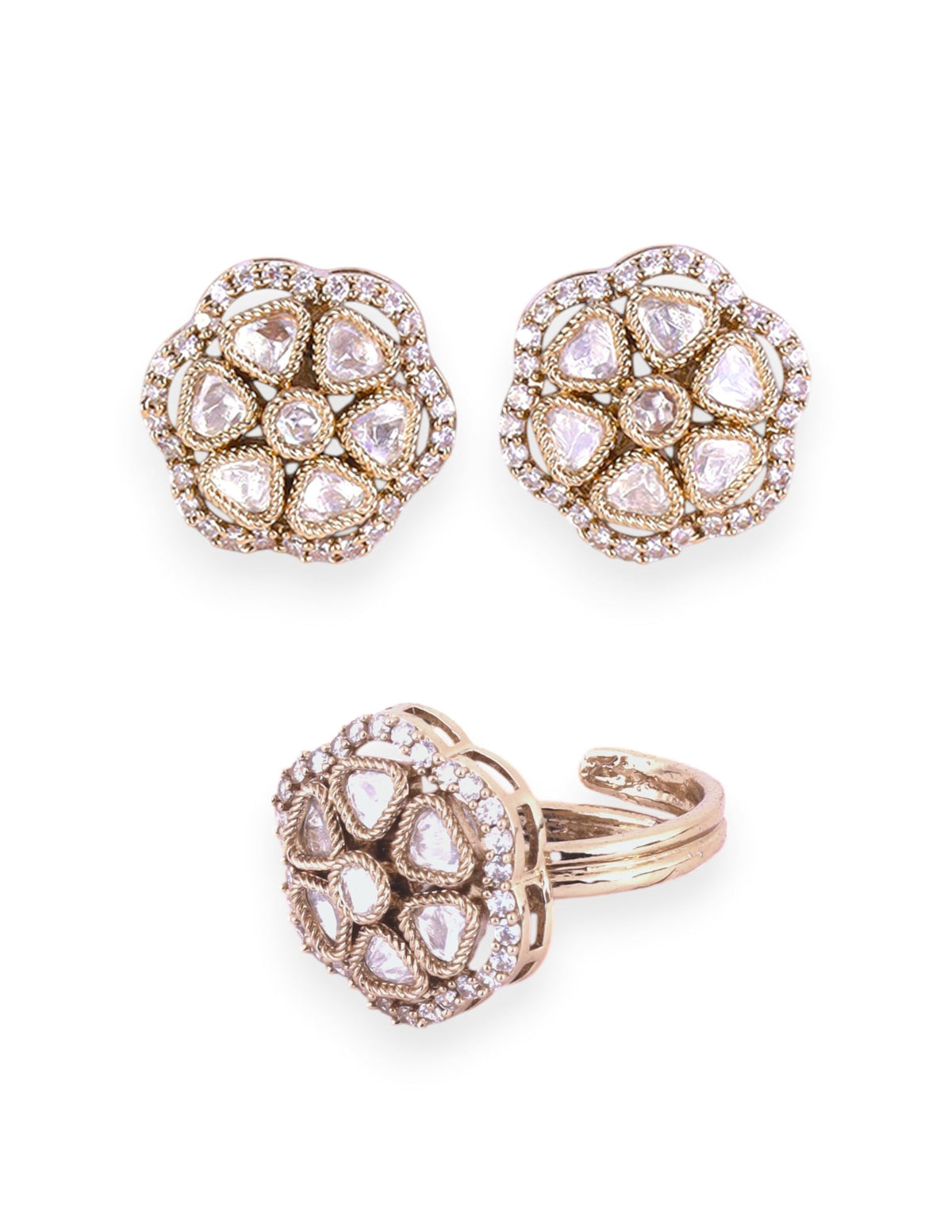 Saloni Fashion Jewellery Round Shape Kundan Brass Antique Gold Plated Set of 2 Combo Stud Combo Set For Women and Girls