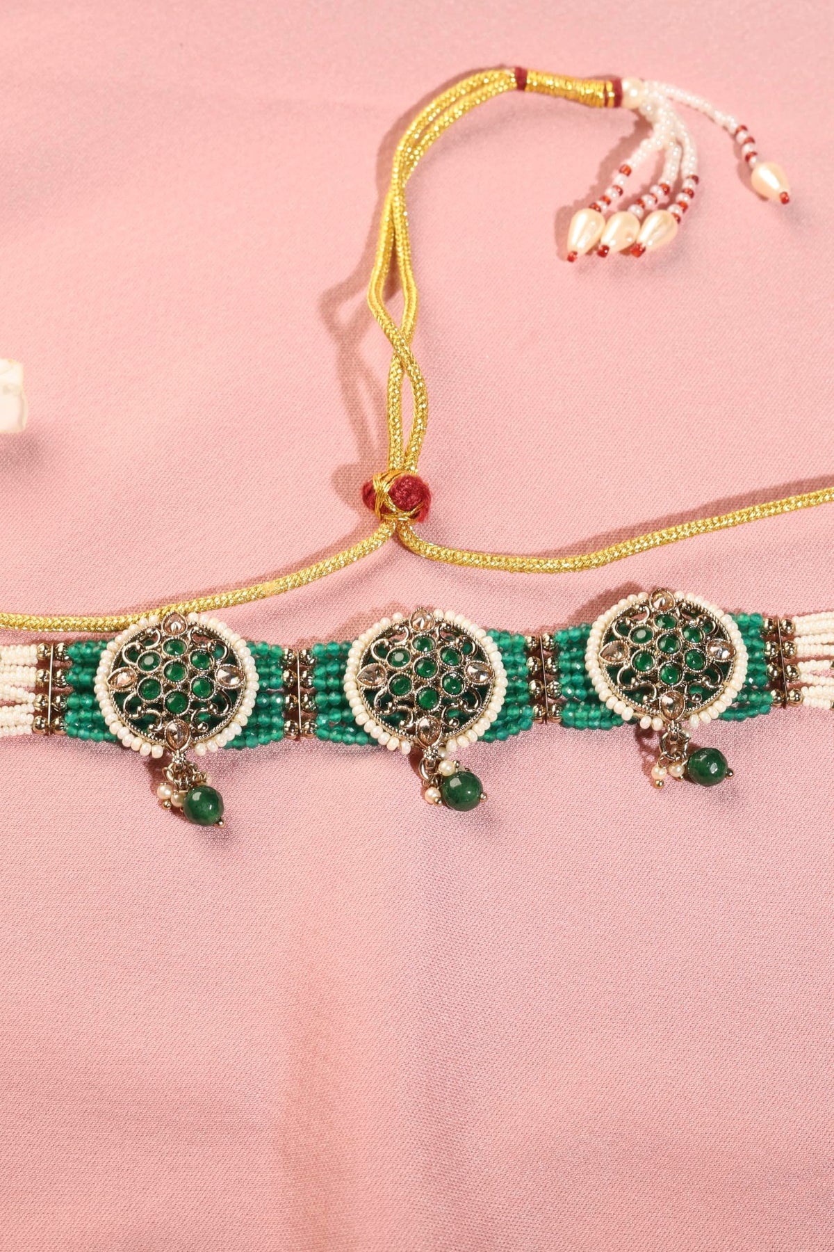 Saloni Fashion Jewellery Round Shape Mother of Pearl Green Kundan Stone Antique Gold Plated Collar Necklace Set For Women and Girls