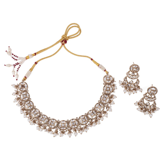Saloni Fashion Jewellery Round Shape Mother of Pearl Uncut Kundan Stone Gold Plated Brass Choker Necklace Set For Women and Girls