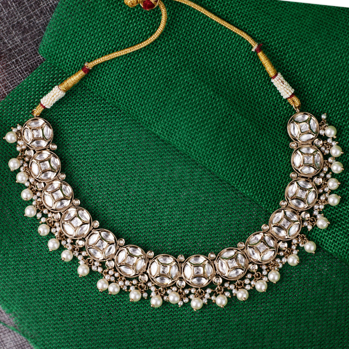 Saloni Fashion Jewellery Round Shape Mother of Pearl Uncut Kundan Stone Gold Plated Brass Choker Necklace Set For Women and Girls