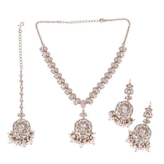 Saloni Fashion Jewellery Round Shape Mother of Pearl Uncut Kundan Stone Gold Plated Brass Choker Necklace Set With Maang Tikka For Women and Girls