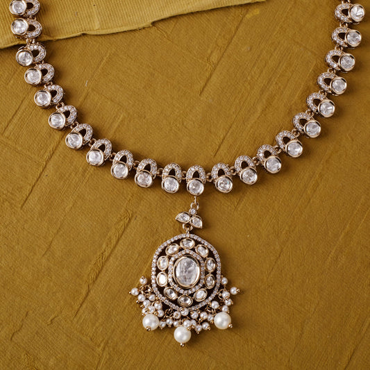 Saloni Fashion Jewellery Round Shape Mother of Pearl Uncut Kundan Stone Gold Plated Brass Choker Necklace Set With Maang Tikka For Women and Girls