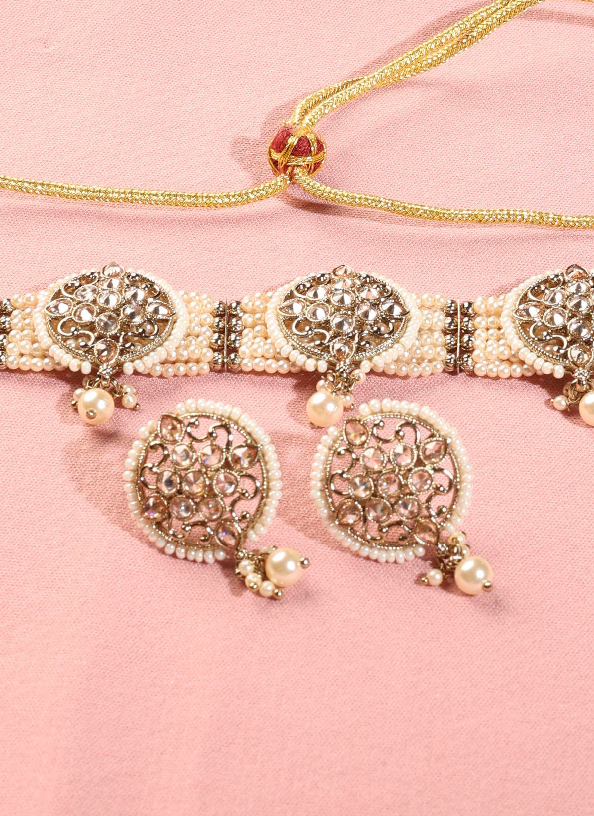 Saloni Fashion Jewellery Round Shape Mother of Pearl White Kundan Stone Antique Gold Plated Collar Necklace Set For Women and Girls