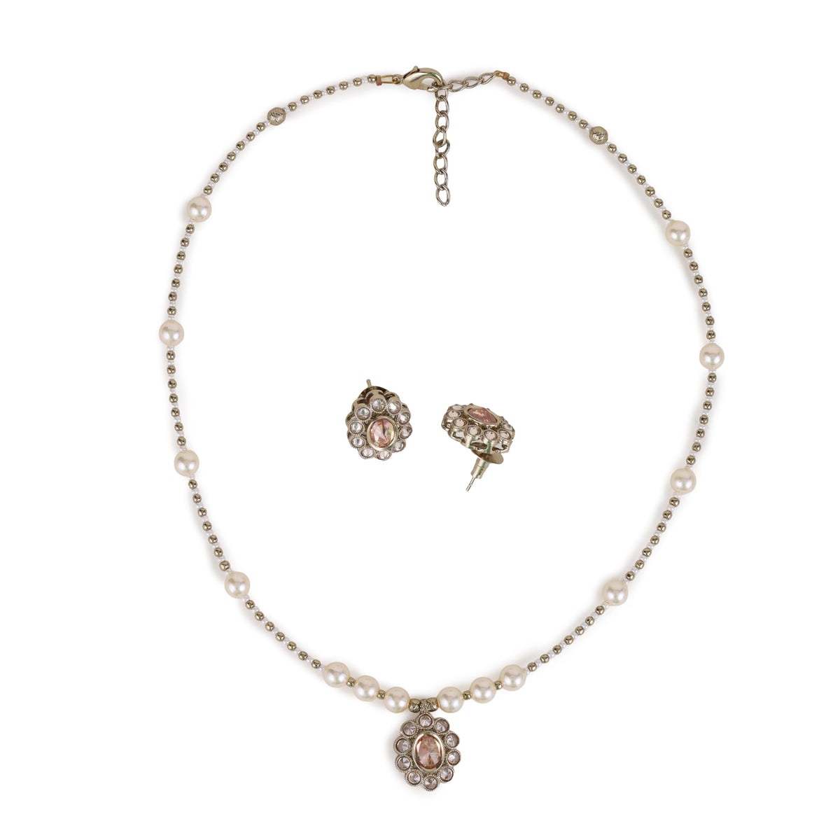 Saloni Fashion Jewellery Round Shape Pearl Crystal Silver Plated Matinee Necklace Set (Mala) For Women
