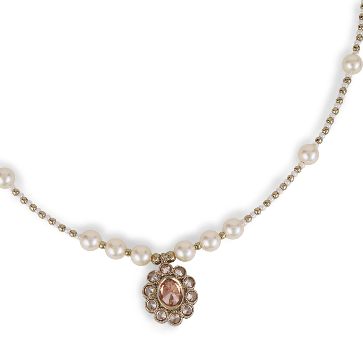Saloni Fashion Jewellery Round Shape Pearl Crystal Silver Plated Matinee Necklace Set (Mala) For Women