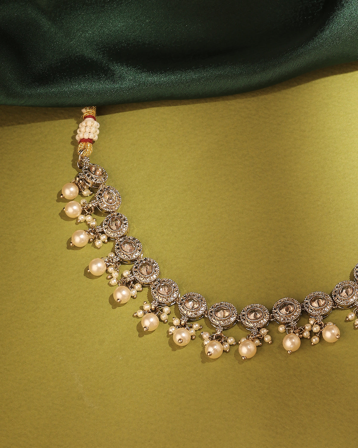 Round Shape Pearl Guchha Antique Gold Plated Brown Uncut Kundan - side view | Saloni Fashion Jewellery, Mumbai