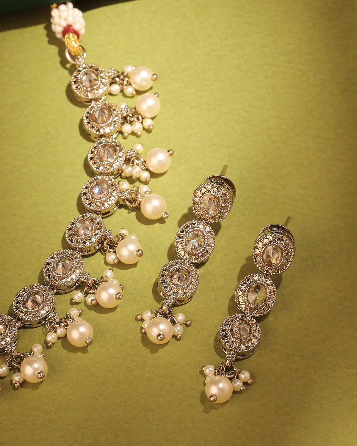 Round Shape Pearl Guchha Antique Gold Plated Brown Uncut Kundan - styled view | Saloni Fashion Jewellery, Mumbai