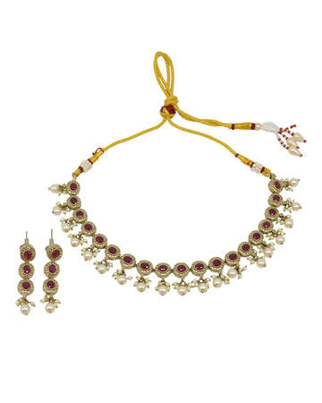Round Shape Pearl Guchha Antique Gold Plated Red Uncut Kundan Stone Brass Choker | Saloni Fashion Jewellery, Mumbai