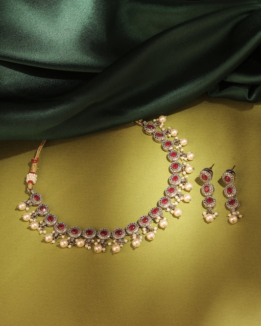 Round Shape Pearl Guchha Antique Gold Plated Red Uncut Kundan - close-up detail | Saloni Fashion Jewellery, Mumbai