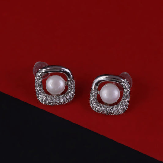 Saloni Fashion Jewellery Round Shape Pearl Silver Plated Stud Earring For Women