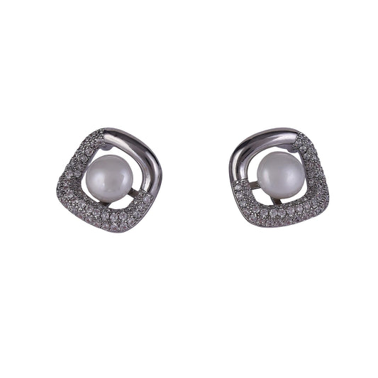 Saloni Fashion Jewellery Round Shape Pearl Silver Plated Stud Earring For Women