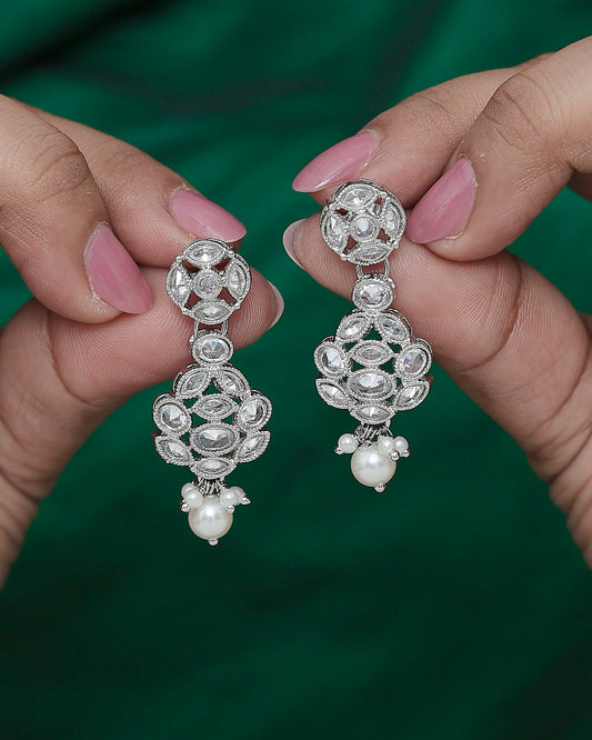 Saloni Fashion Jewellery Round Shape Silver Plated White Pearl Kundan Stone Dangle Earring For Women and Girls