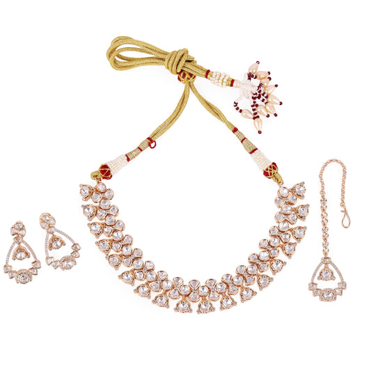 Saloni Fashion Jewellery Round Shape Uncut Kundan Stone 18 KT Gold Plated Brass Choker Necklace Set with Maang Tikka For Women and Girls
