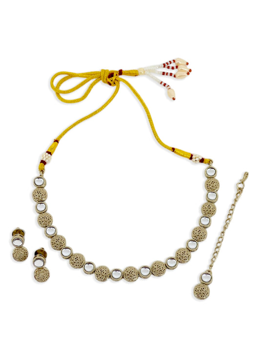 Saloni Fashion Jewellery Round Shape White Kundan Stone Antique Gold Plated Choker Brass Necklace With Maang Tikka For Women and Girls