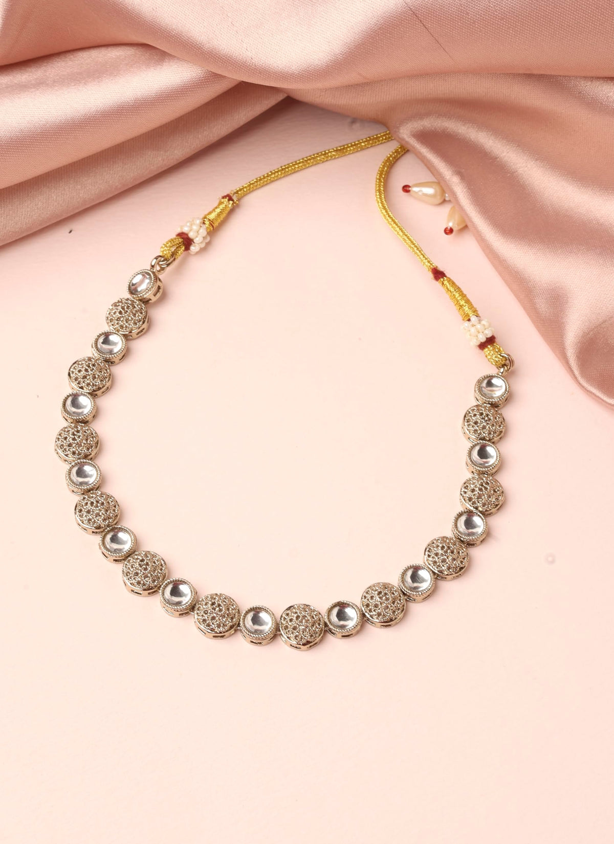 Saloni Fashion Jewellery Round Shape White Kundan Stone Antique Gold Plated Choker Brass Necklace With Maang Tikka For Women and Girls