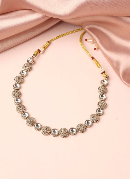 Saloni Fashion Jewellery Round Shape White Kundan Stone Antique Gold Plated Choker Brass Necklace With Maang Tikka For Women and Girls