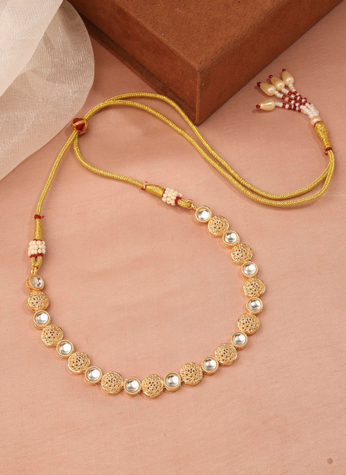 Saloni Fashion Jewellery Round Shape White Kundan Stone Gold Plated Choker Brass Necklace With Maang Tikka For Women and Girls