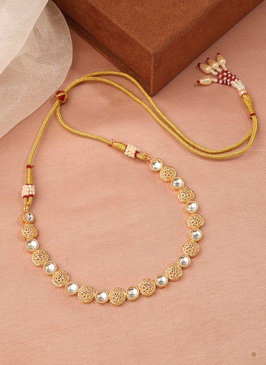 Saloni Fashion Jewellery Round Shape White Kundan Stone Gold Plated Choker Brass Necklace With Maang Tikka For Women and Girls