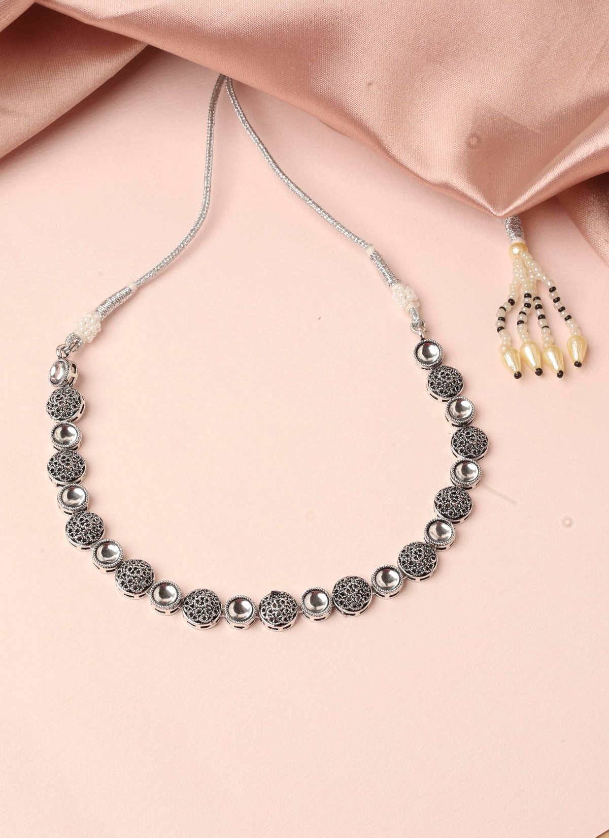 Saloni Fashion Jewellery Round Shape White Kundan Stone Silver Plated Choker Brass Necklace With Maang Tikka For Women and Girls
