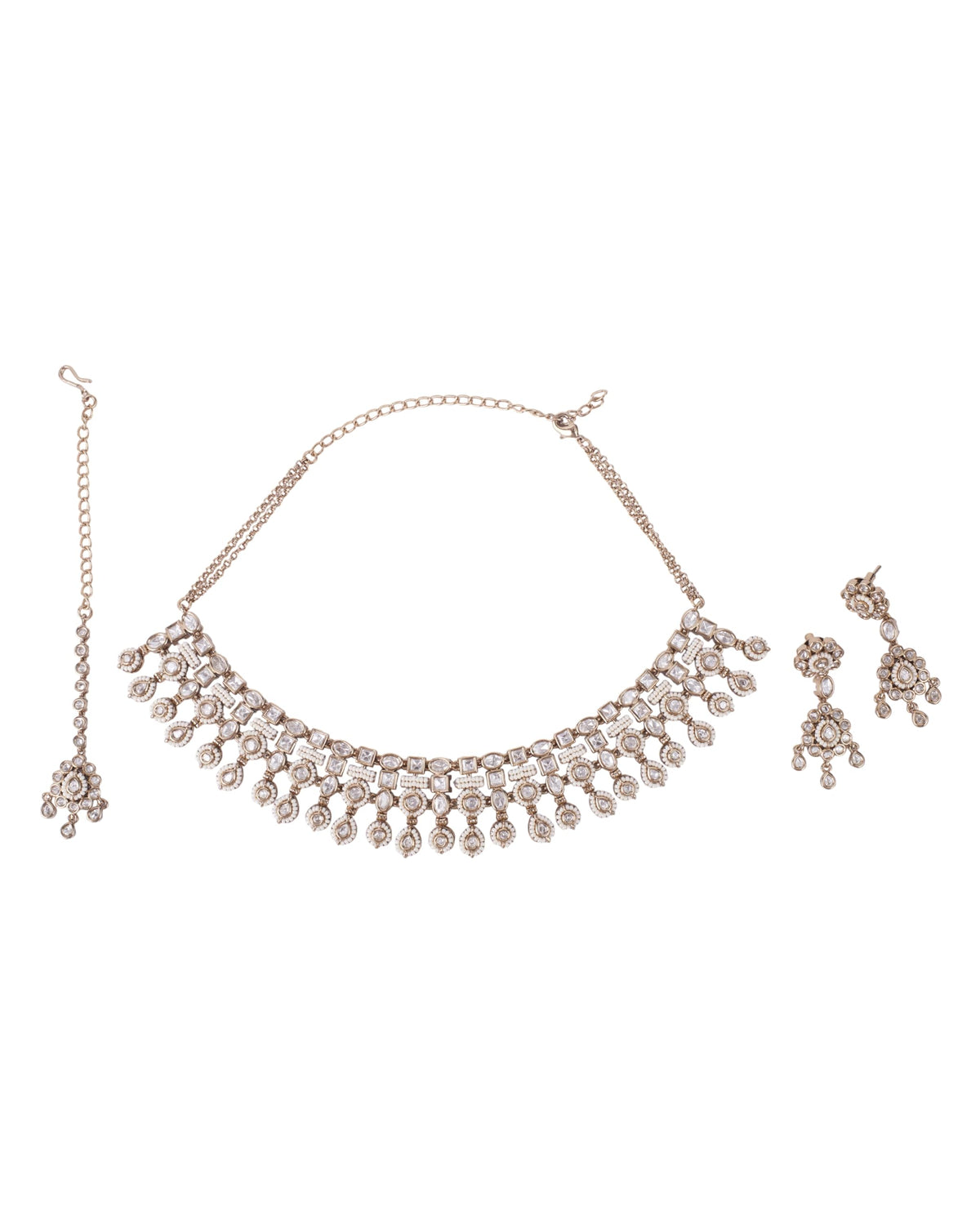 Saloni Fashion Jewellery Round Shape White Uncut Kundan Stone Antique Gold Plated Brass Choker Necklace Set with Maang Tikka For Women and Girls