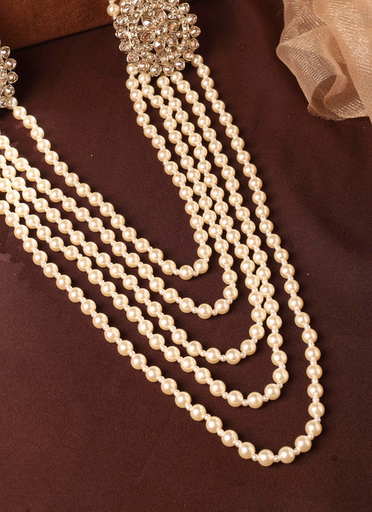 Saloni Fashion Jewellery Royal Flower Design Pearl 5 String Brown Stone Kundan Antique Gold Plated Long Haram Necklace Mala For Women and Girls