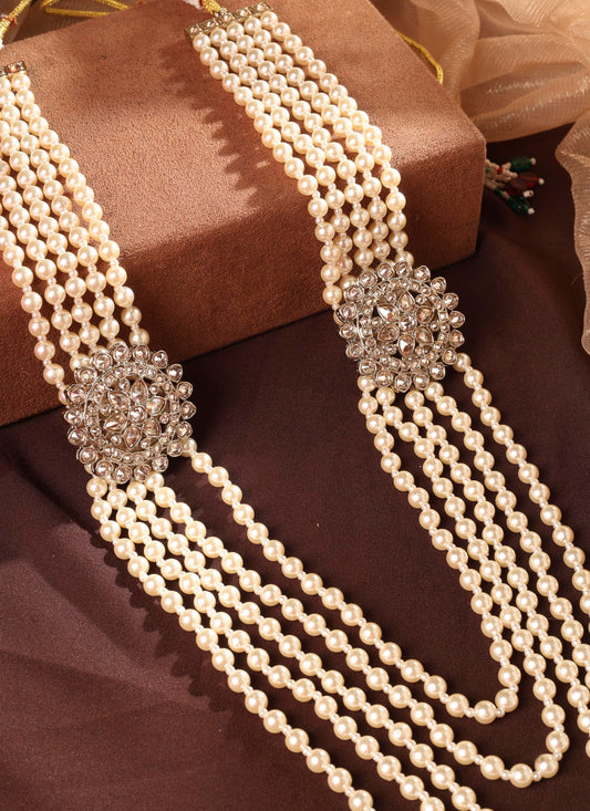 Saloni Fashion Jewellery Royal Flower Design Pearl 5 String Brown Stone Kundan Antique Gold Plated Long Haram Necklace Mala For Women and Girls