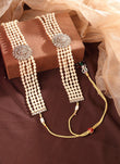 Saloni Fashion Jewellery Royal Flower Design Pearl 5 String Brown Stone Kundan Antique Gold Plated Long Haram Necklace Mala For Women and Girls - view 4