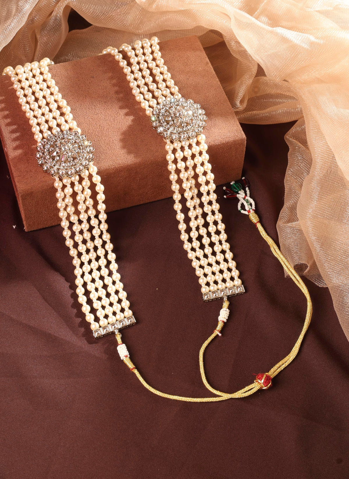Saloni Fashion Jewellery Royal Flower Design Pearl 5 String Brown Stone Kundan Antique Gold Plated Long Haram Necklace Mala For Women and Girls - view 4