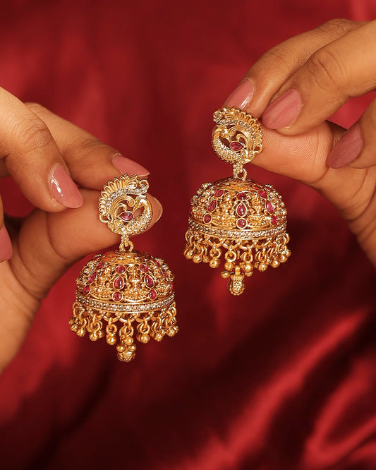 Saloni Fashion Jewellery Royal Peacock Design Gold Plated Ruby Kundan Stone Small Golden Balls Brass Jhumki Earring For Women and Girls