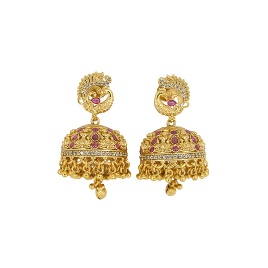 Saloni Fashion Jewellery Royal Peacock Design Gold Plated Ruby Kundan Stone Small Golden Balls Brass Jhumki Earring For Women and Girls