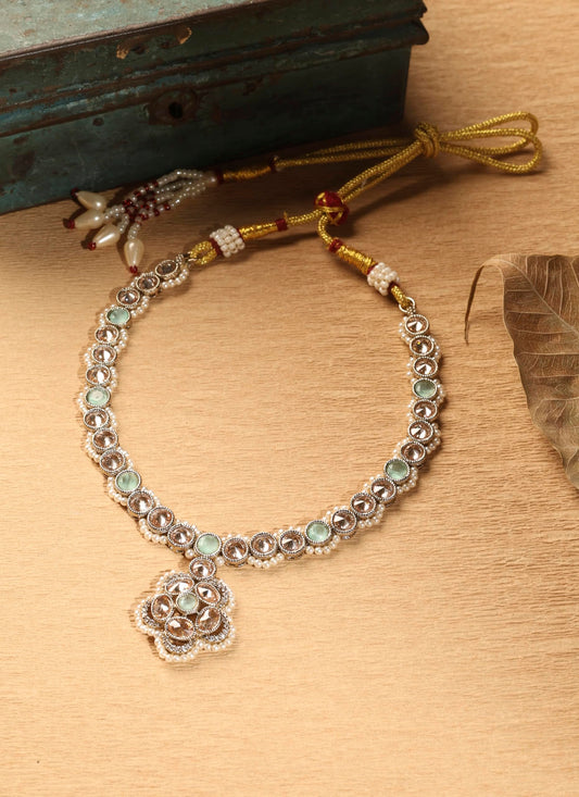 Saloni Fashion Jewellery Royal Round and Circle Shape Sky Blue Kundan Stone Antique Gold Plated Choker Necklace Set For Women and Girls
