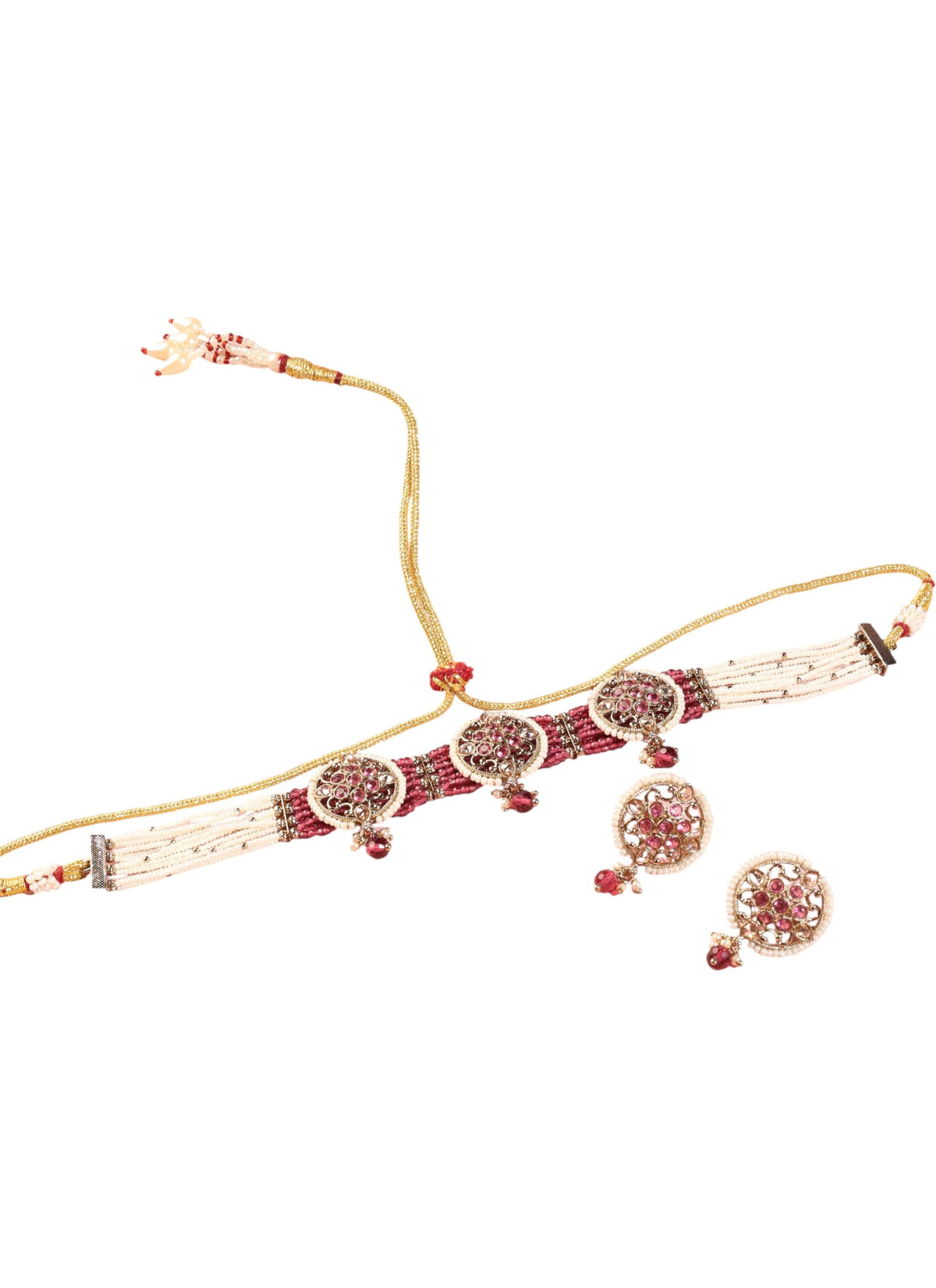 Saloni Fashion Jewellery Royal Round Shape Mother of Pearl Red Kundan Stone Antique Gold Plated Collar Necklace Set For Women and Girls