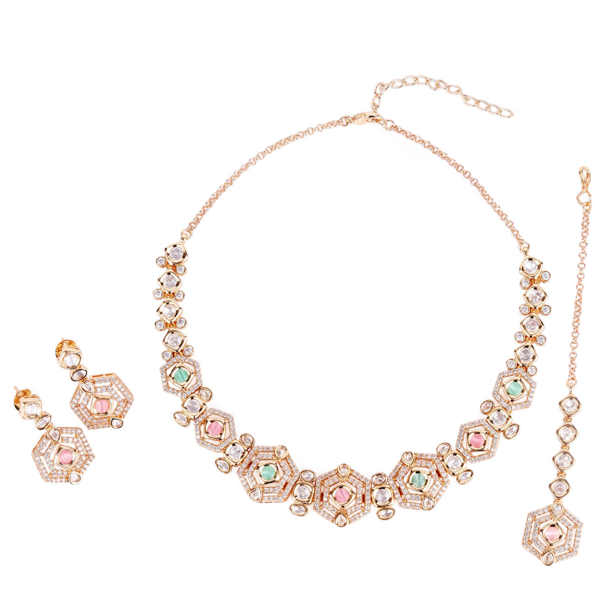 Saloni Fashion Jewellery Square Shape Brass Kundan Stone 18 KT Gold Plated Choker Necklace Set with Maang Tikka For Women and Girls - view 2