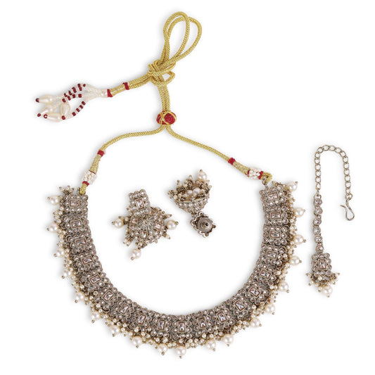 Saloni Fashion Jewellery Square Shape Oval Silver Antique Gold Plated Choker Jewellery Set For Women
