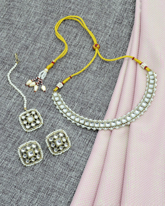 Square Shape Pearls Antique Gold Plated Choker Necklace Set With Maangtikka | Saloni Jewellery