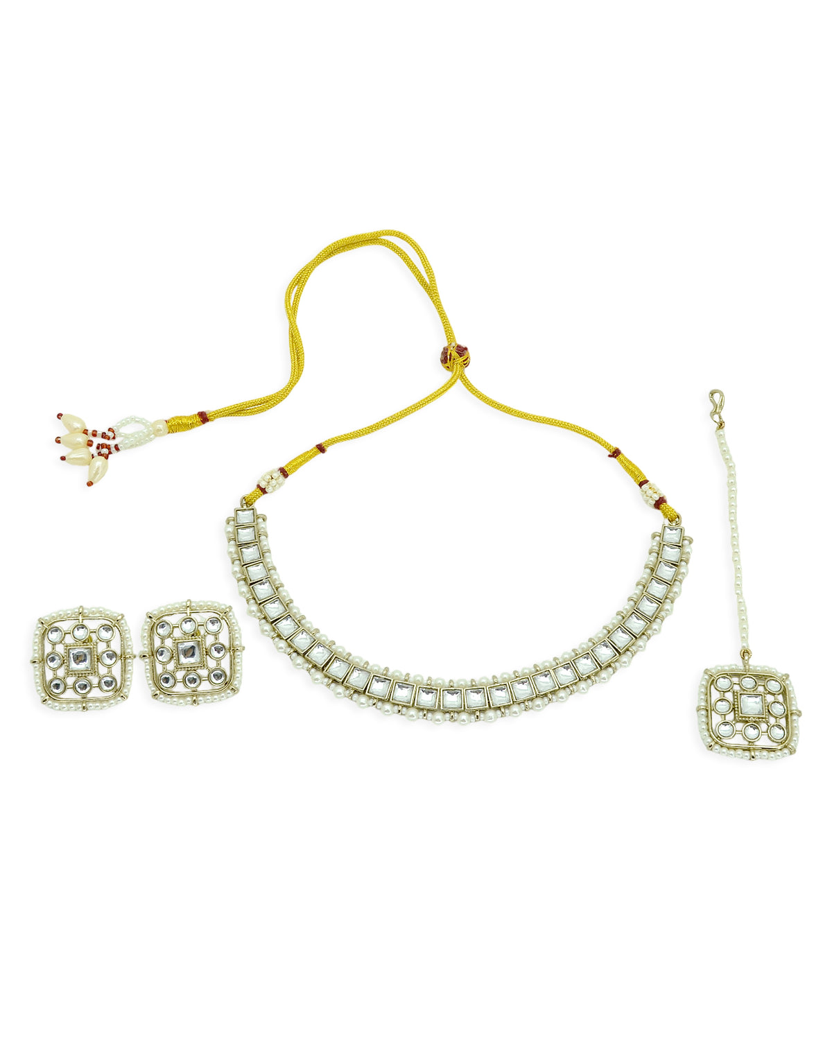 Square Shape Pearls Antique Gold Plated Choker Necklace Set - close-up detail | Saloni Jewellery