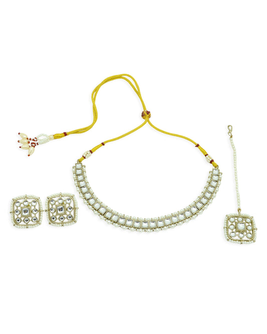 Square Shape Pearls Antique Gold Plated Choker Necklace Set - close-up detail | Saloni Jewellery
